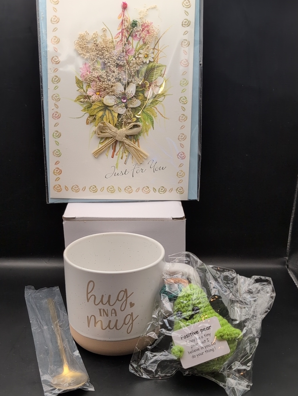 Hug in a Mug Ceramic Gift Set with Mug Spoon Greeting Card and Positive Pear